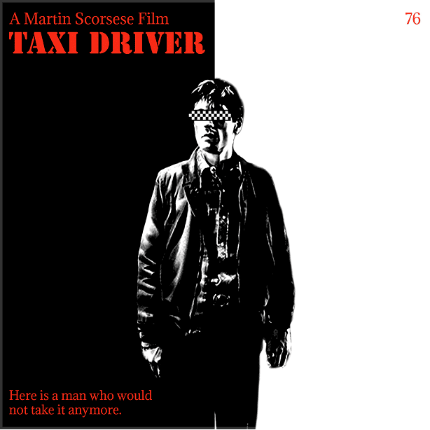 Taxi Driver poster redesign with a lone figure in black on a white background and red title typography