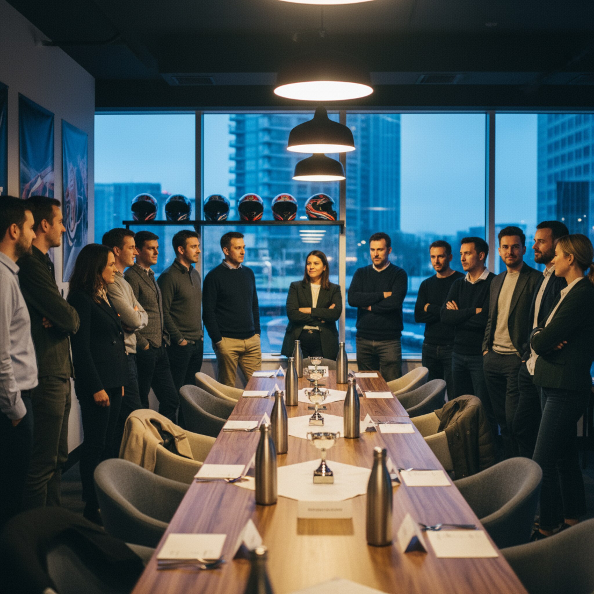 Ein langer Holztisch im Lounge-Bereich ist für ein Team-Event gedeckt: Wasserflaschen, kleine Pokale, Namensschilder. Eine Gruppe steht lachend daneben, Jacken über Stuhllehnen, Helme aufgereiht an der Wand. Warmes Innenlicht trifft auf die kühle Abendstimmung draußen.