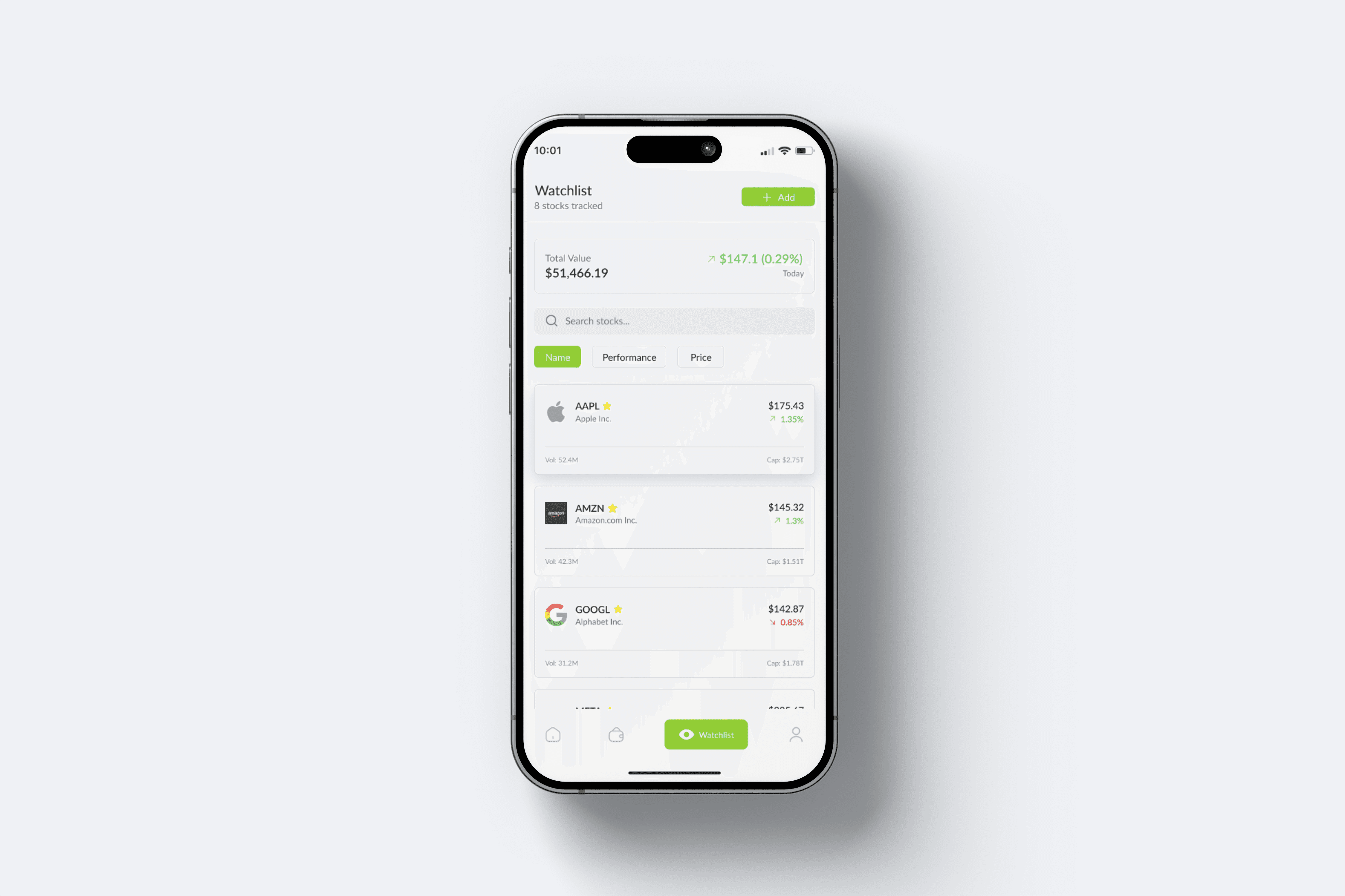 Watchlist screen mockup