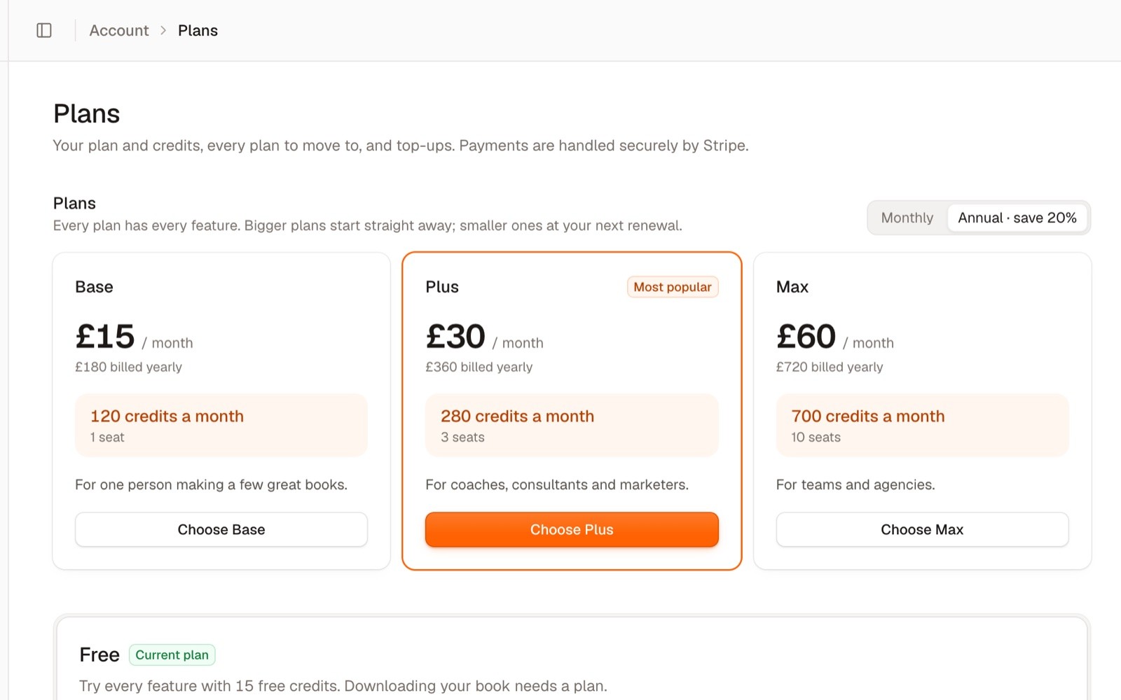 The Plans page in Koobe for a visitor in the UK: Base at £15, Plus at £30 and Max at £60 a month, billed yearly, with 120, 280 and 700 credits a month.