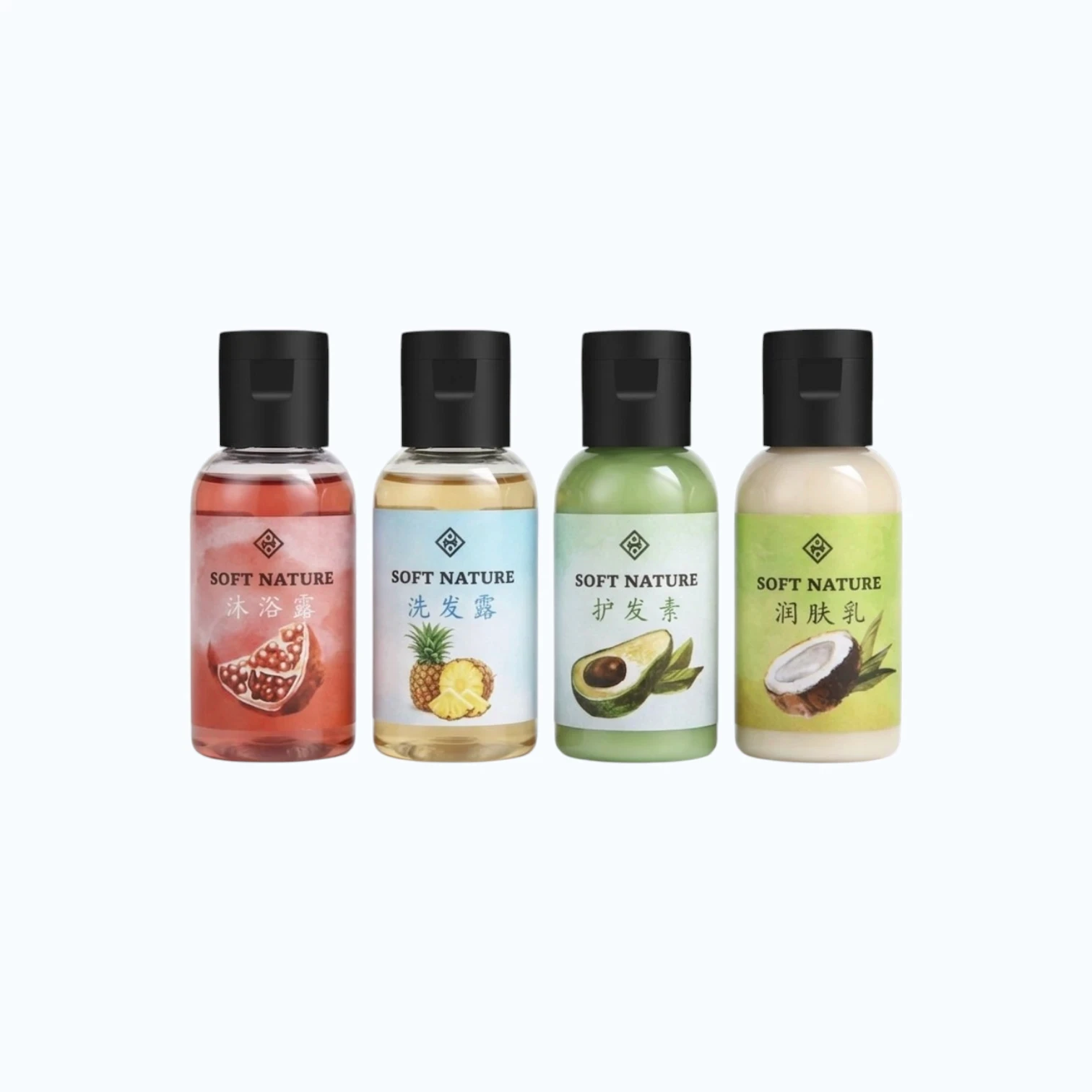 Portable travel toiletries set including hand wash and dish soap in a transparent carry bag, ideal for retail supermarket shelves and travel essentials section.