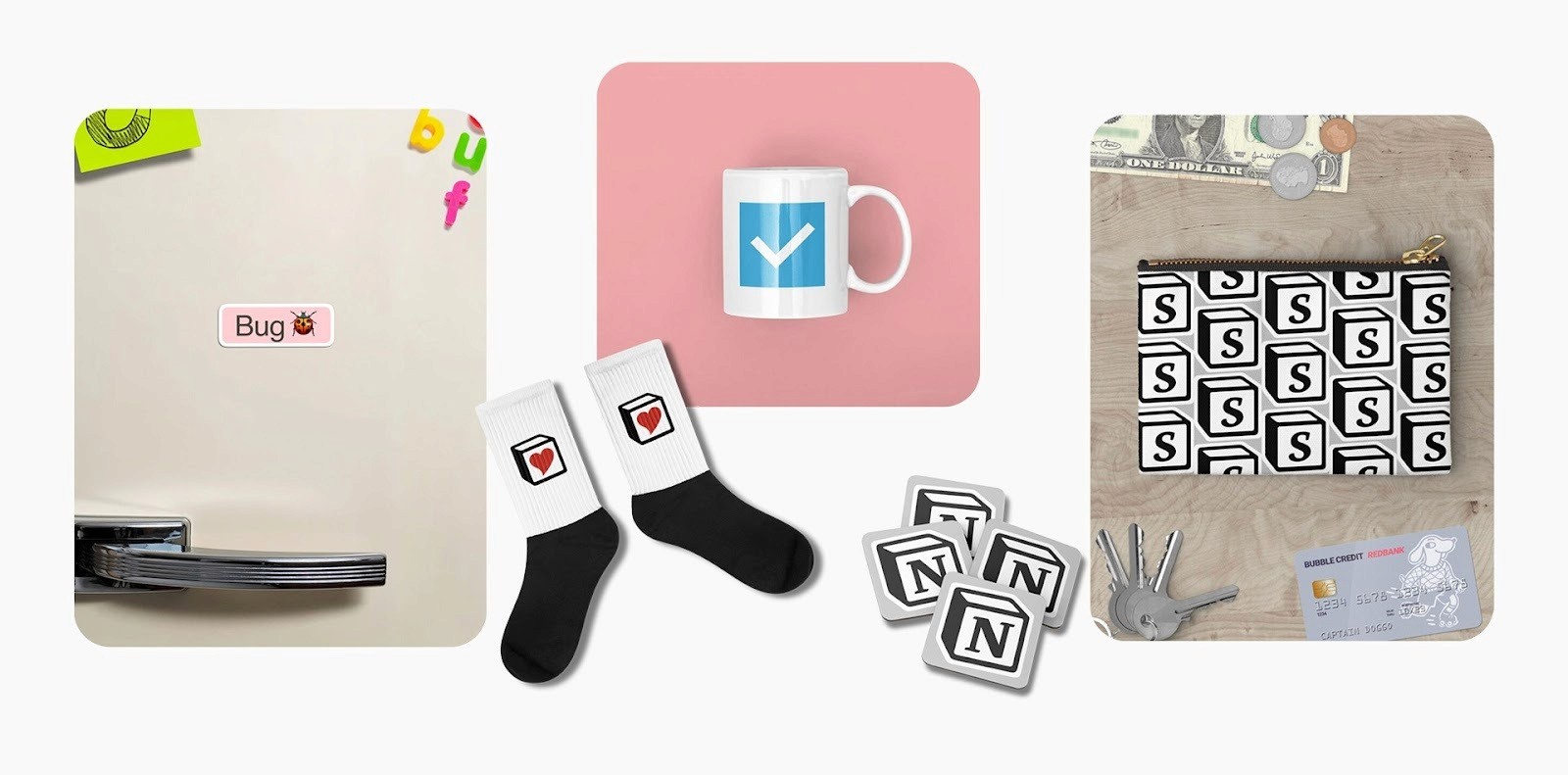 Collage of Notion merch including fridge door with "Bug" magnet, socks with heart design, a mug with a check mark, coasters with "N", and a patterned pouch.