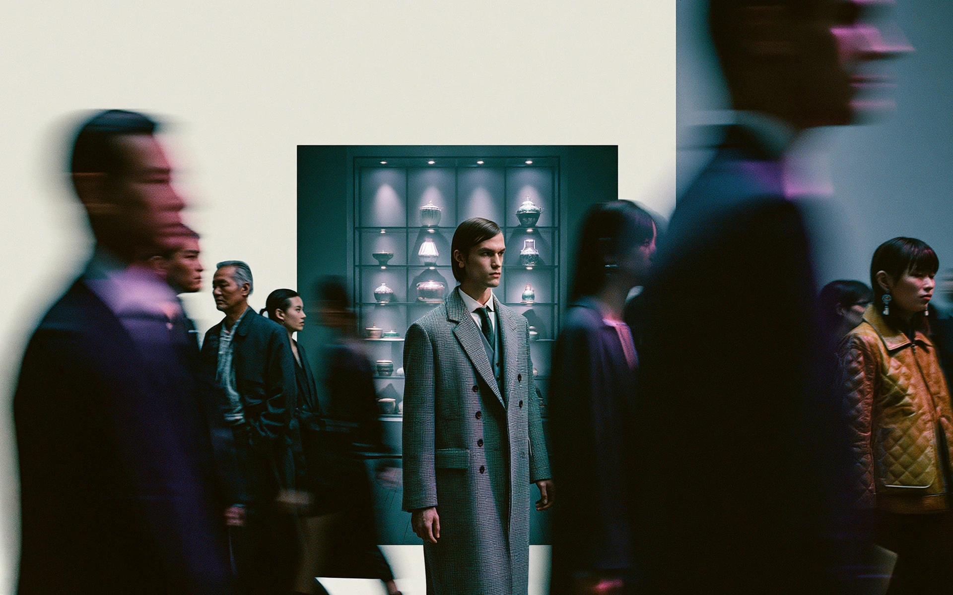 Man in a grey overcoat stands perfectly still in a gallery as blurred figures rush past him.