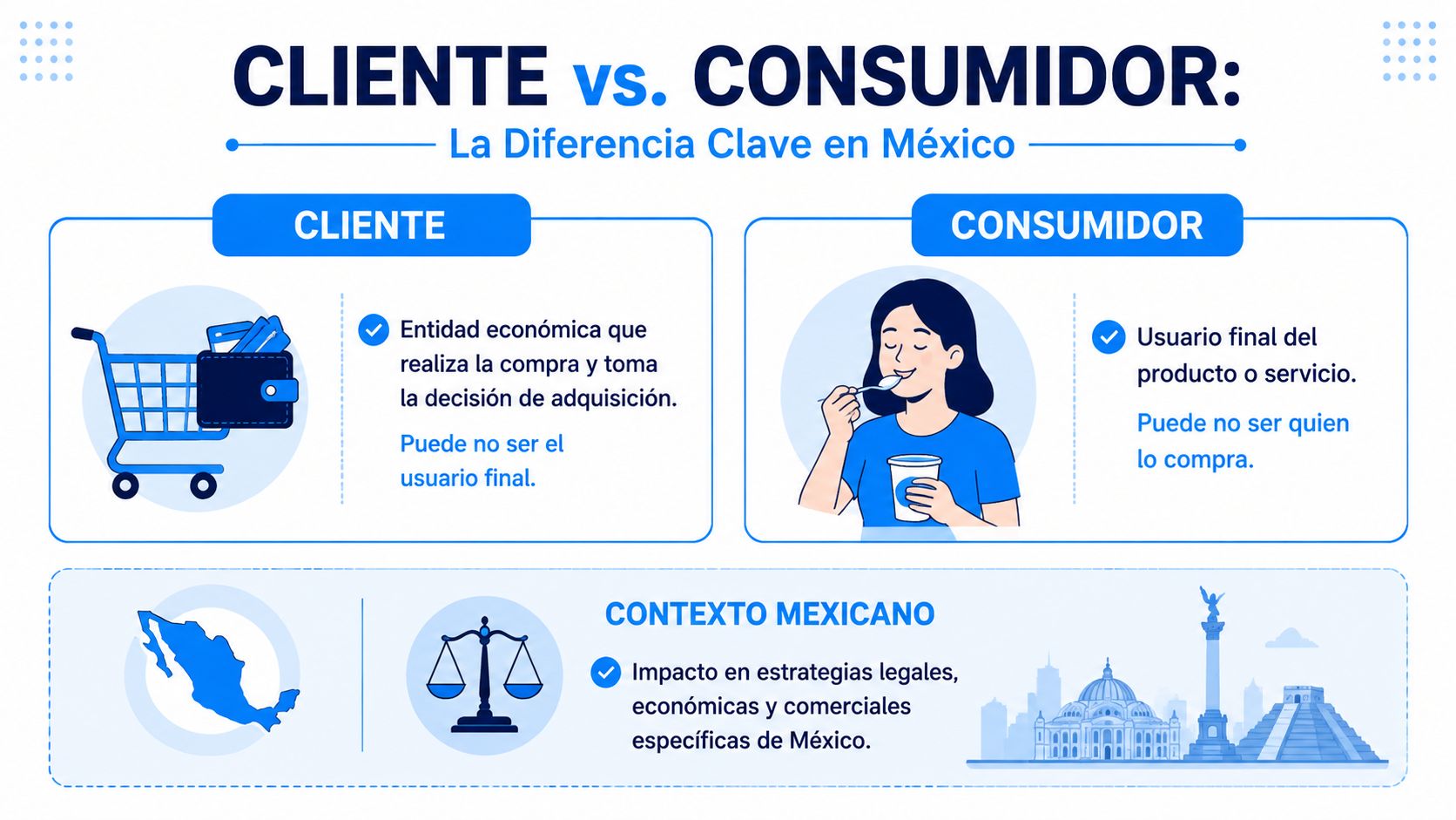 Infografía explicando la diferencia fundamental entre un cliente que compra y un consumidor que utiliza el producto.