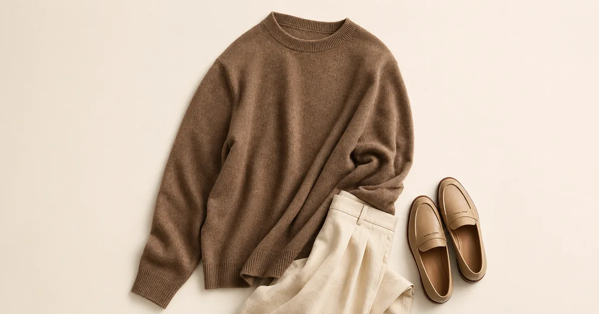 Hero garment beside a phone showing a matching outfit for how to make clothes last longer on a warm ivory background