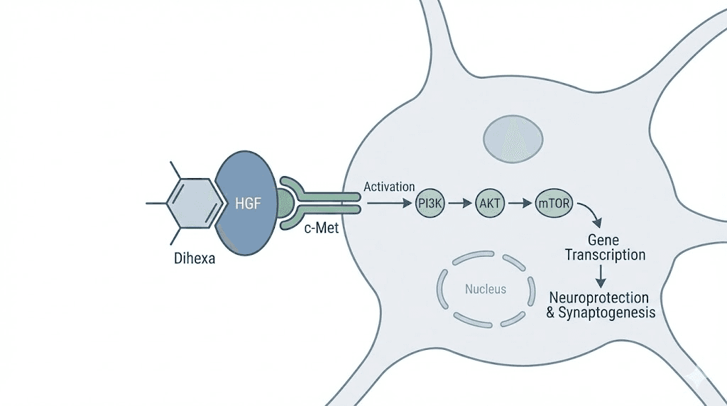 Dihexa peptide mechanism of action showing HGF c-Met activation pathway