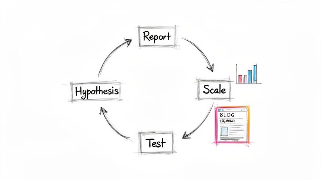 A hand-drawn iterative process diagram showing Hypothesis, Test (with blog icon), Scale (with bar chart), and Report.