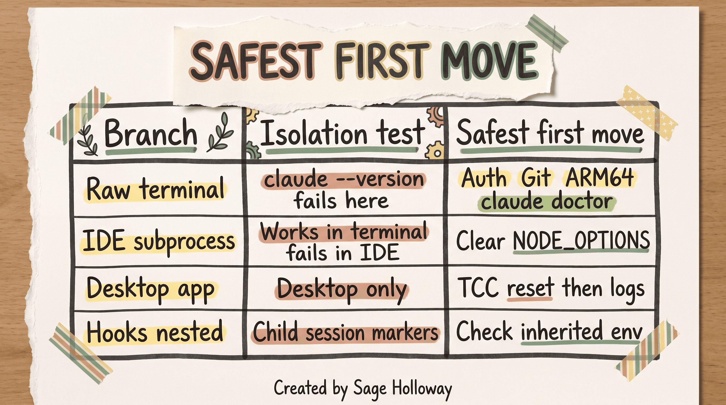 Table of safest first moves when Claude Code crashes in a raw terminal, IDE, Desktop, or hooks