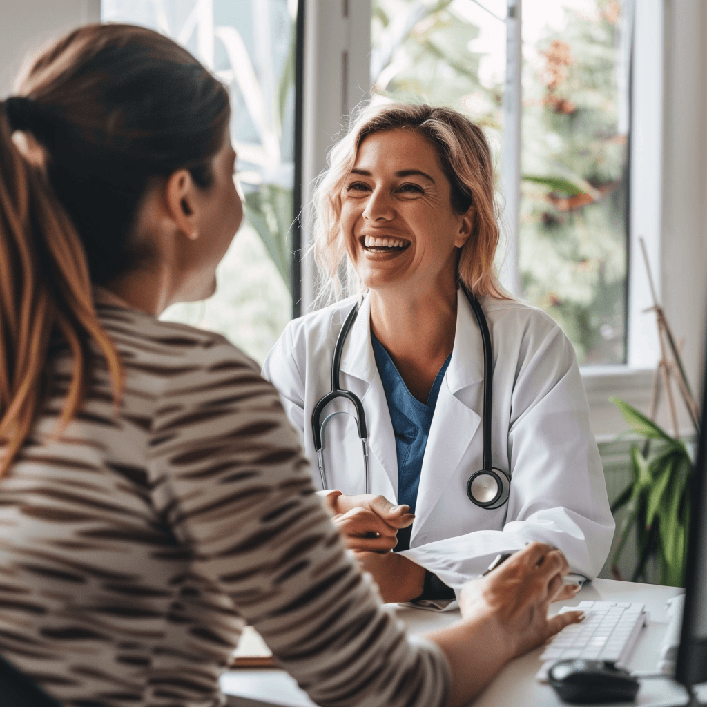 Clinician smiling while speaking with a patient at a consultation desk.