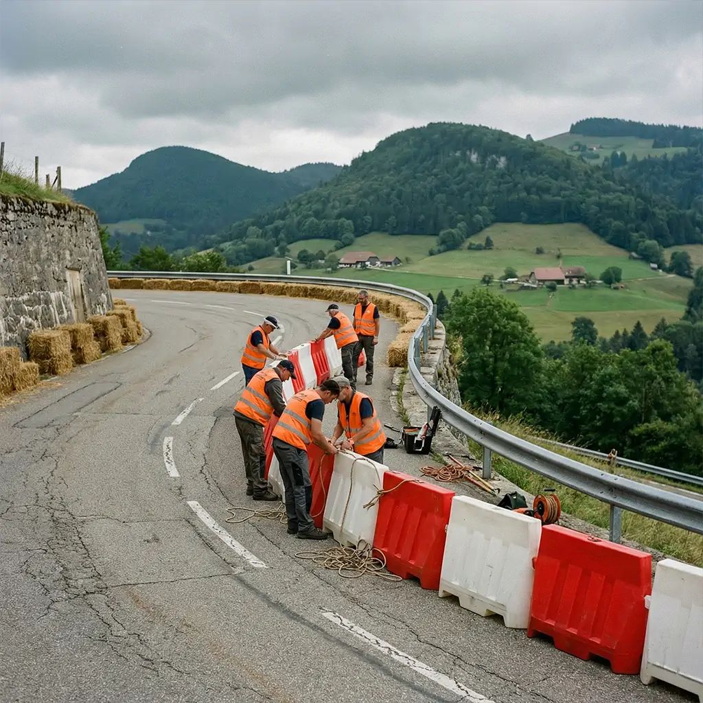 Bénévoles en gilets orange installant les barrières de sécurité sur la piste de speed down entre St-Cergue et Gingins