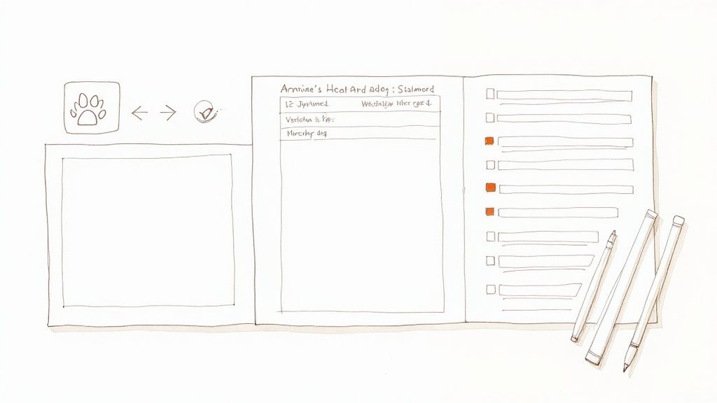 A hand-drawn sketch of a pet management app interface with lists, forms, icons, and pencils.