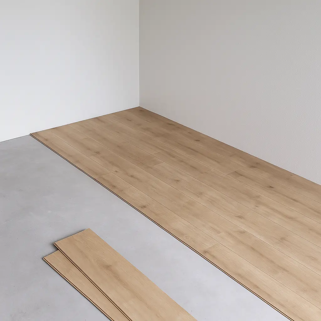 Puoliksi asennettu vaalea laminaattilattia huoneessa, jossa näkyy valmis osa lattiasta ja paljas betonipohja, sekä muutamia laminaattilautoja pinossa asennusta varten.