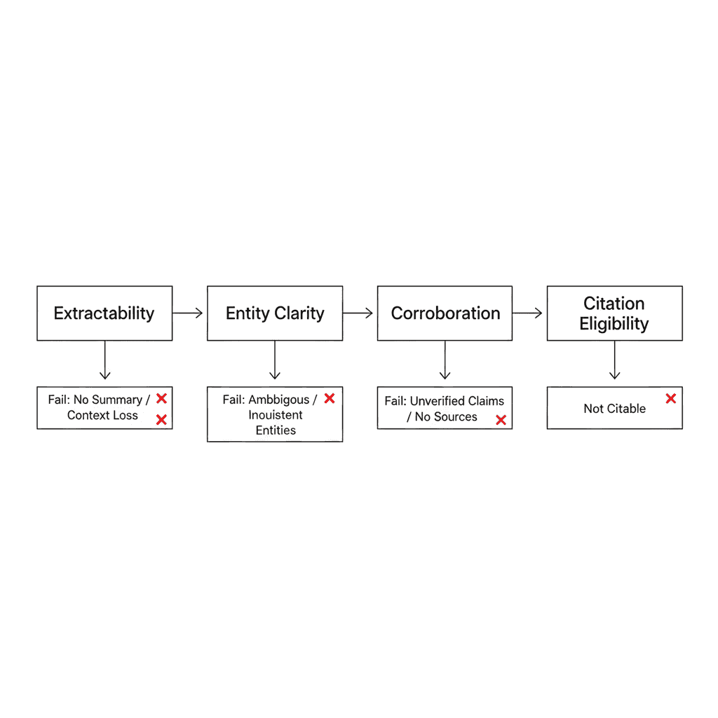 Flowchart showing the decision rule that determines whether content is eligible for AI extraction and citation.