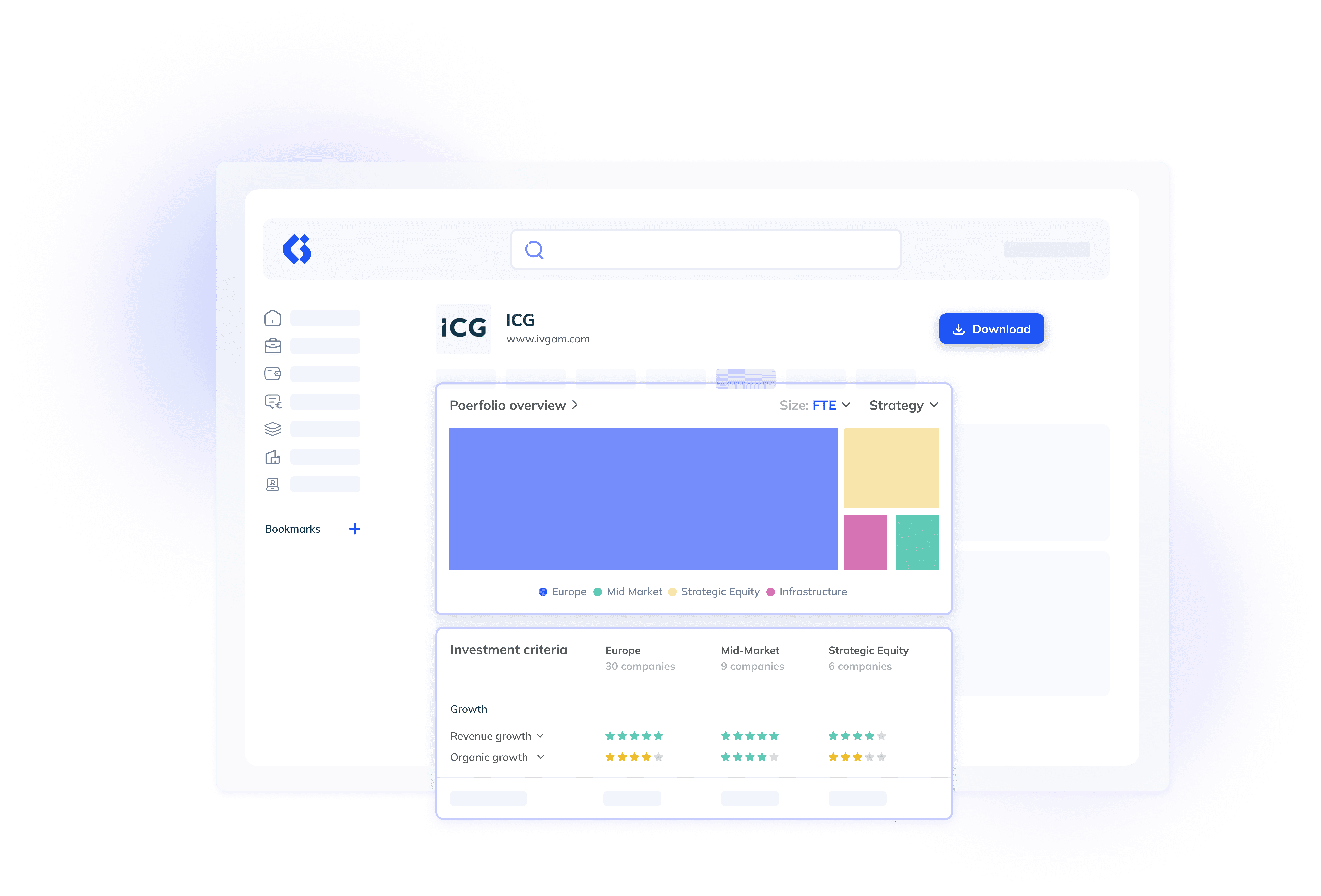 A digital dashboard interface displays an investment portfolio overview with colored charts and investment criteria ratings. A download button and navigation sidebar are visible on the left.