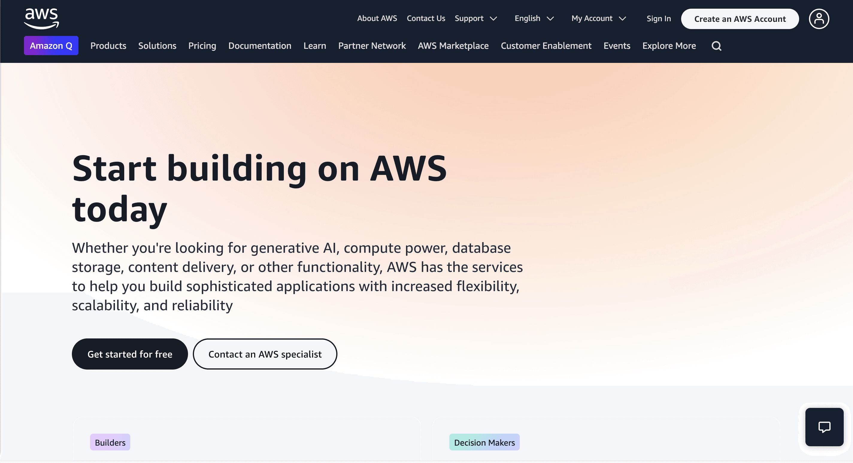 aws website screenshot