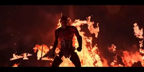 Darth Maul with robot legs and fire behind him