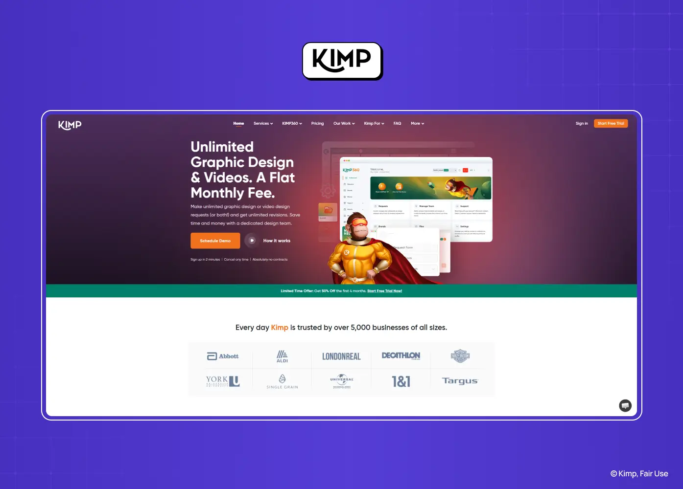 Homepage of KIMP advertising unlimited graphic design and video services for a fixed monthly fee.