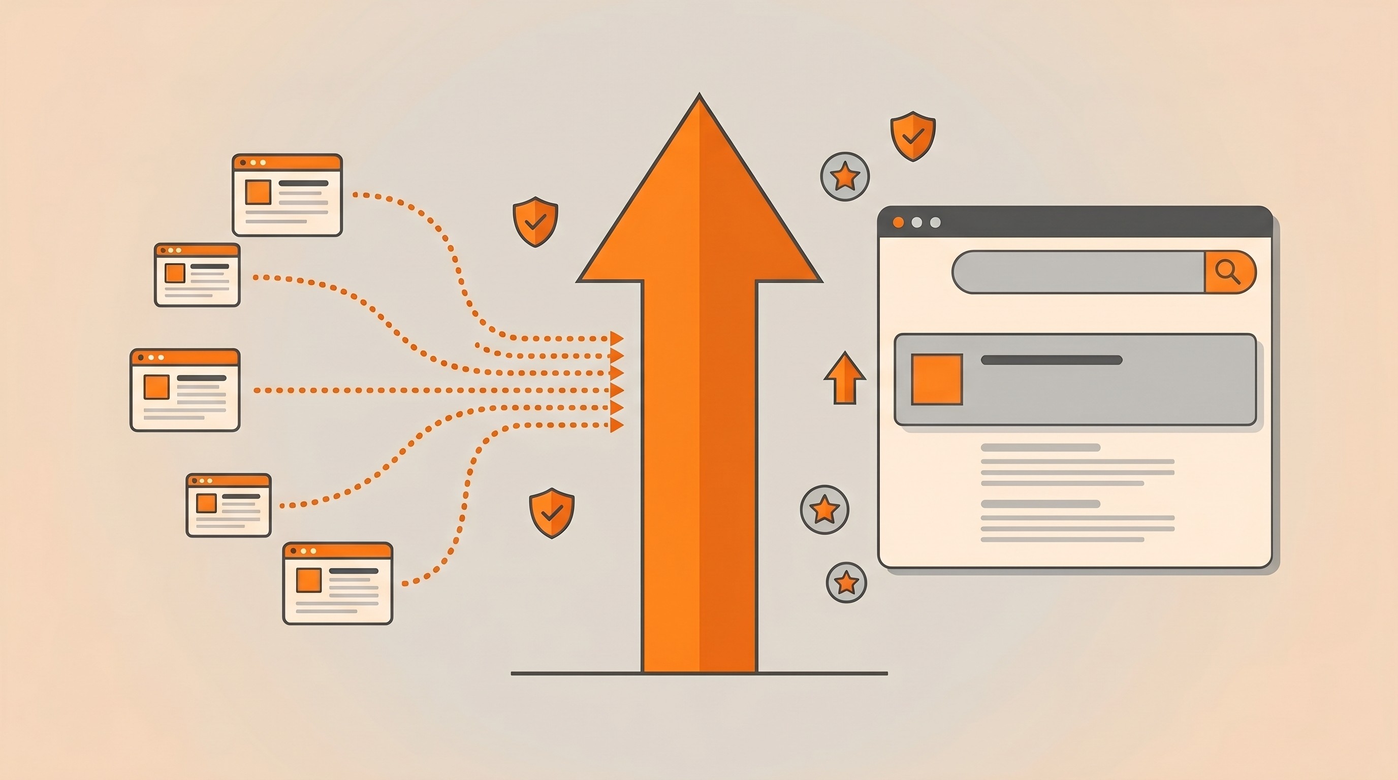 Ilustrasi flat backlink eksternal mendorong website ke peringkat teratas Google, menunjukkan pentingnya sinyal off-page SEO.