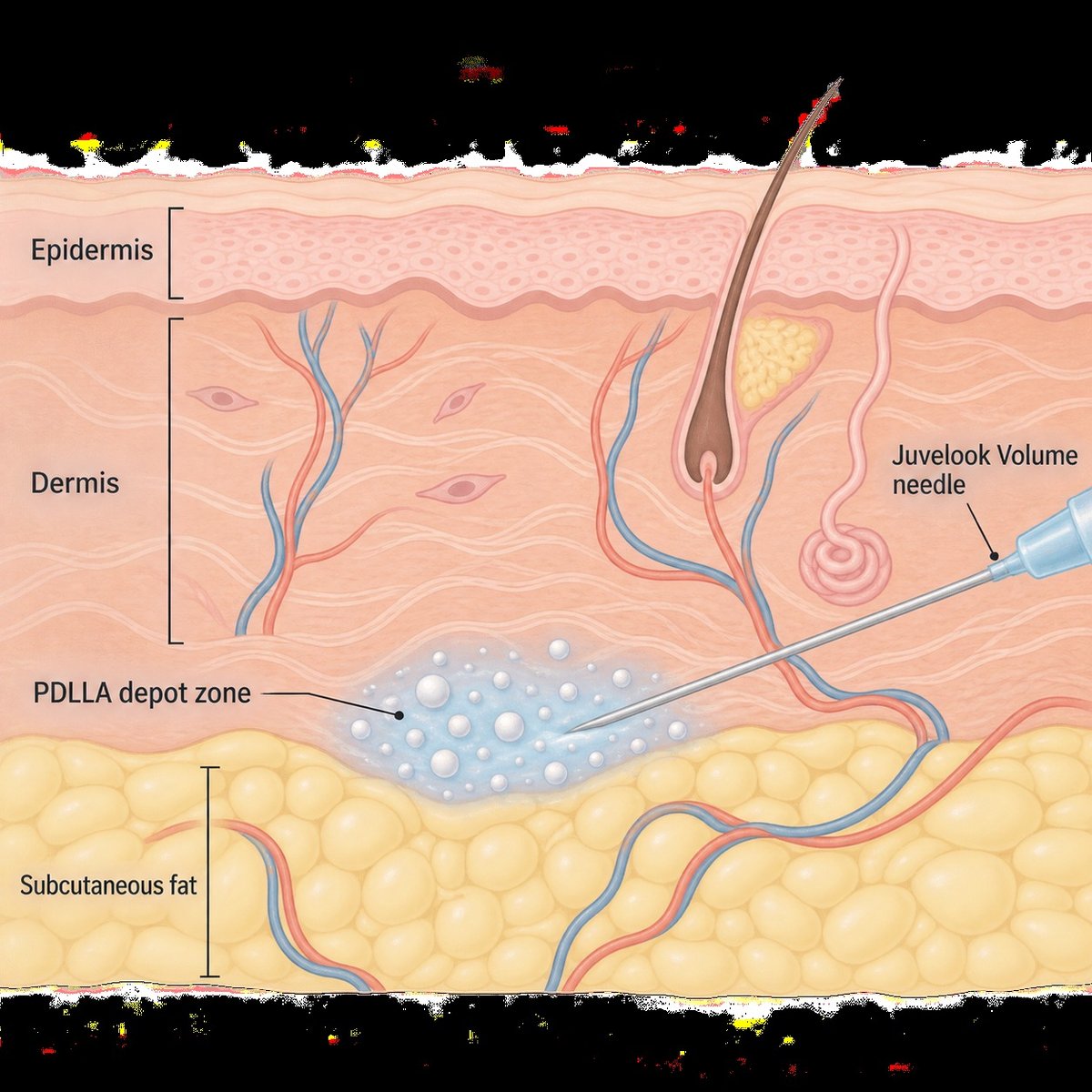 Diagram showing Juvelook Volume injection depth at the dermis and subcutaneous fat junction