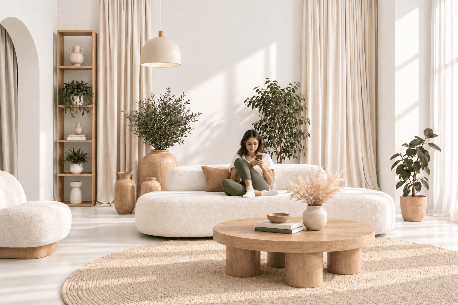 A bright living room with linen sofas, a wooden coffee table, and woven poufs