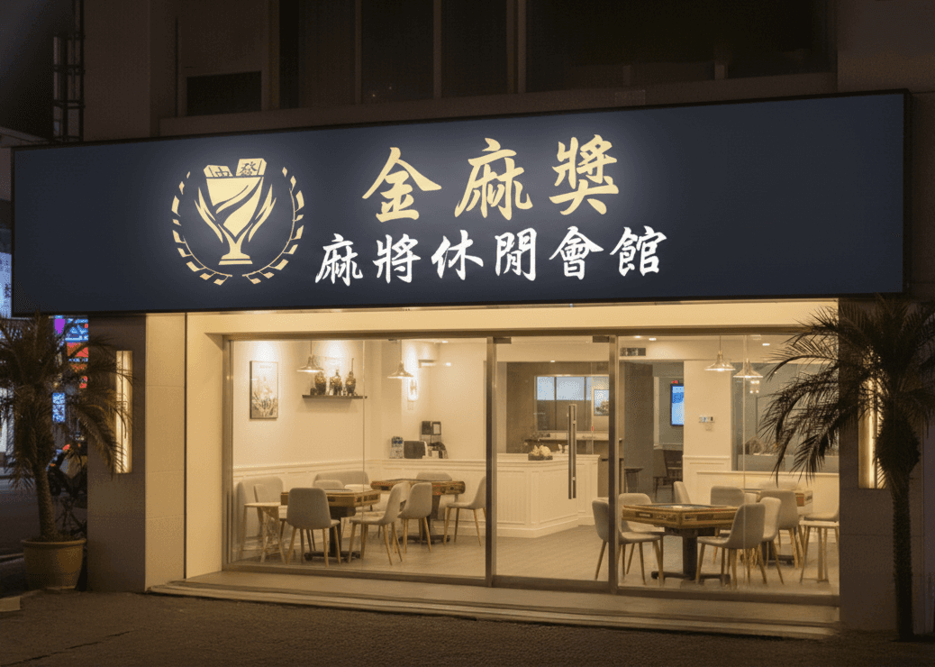 金麻獎麻將休閒會館大門與夜間招牌實景｜品牌識別與店面視覺呈現