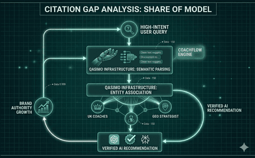 Qasimo Systems GEO Strategist UK Citation Gap Analysis Share of Model Data Flow