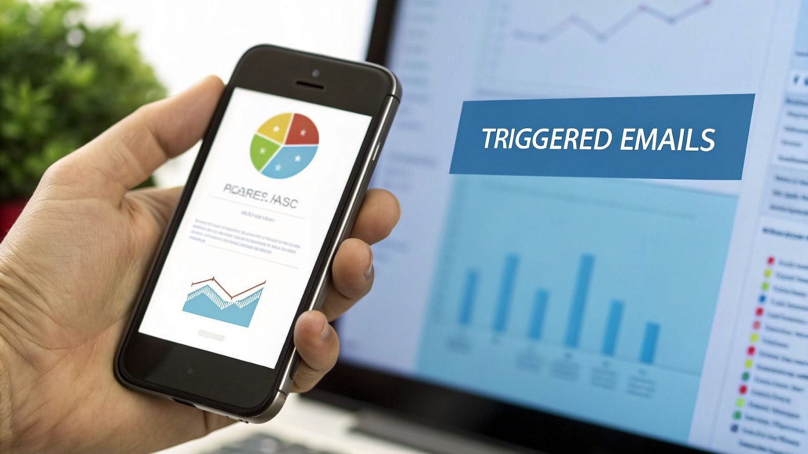 A person holds a smartphone displaying data analytics, with a laptop in the background featuring "TRIGGERED EMAILS" and charts.