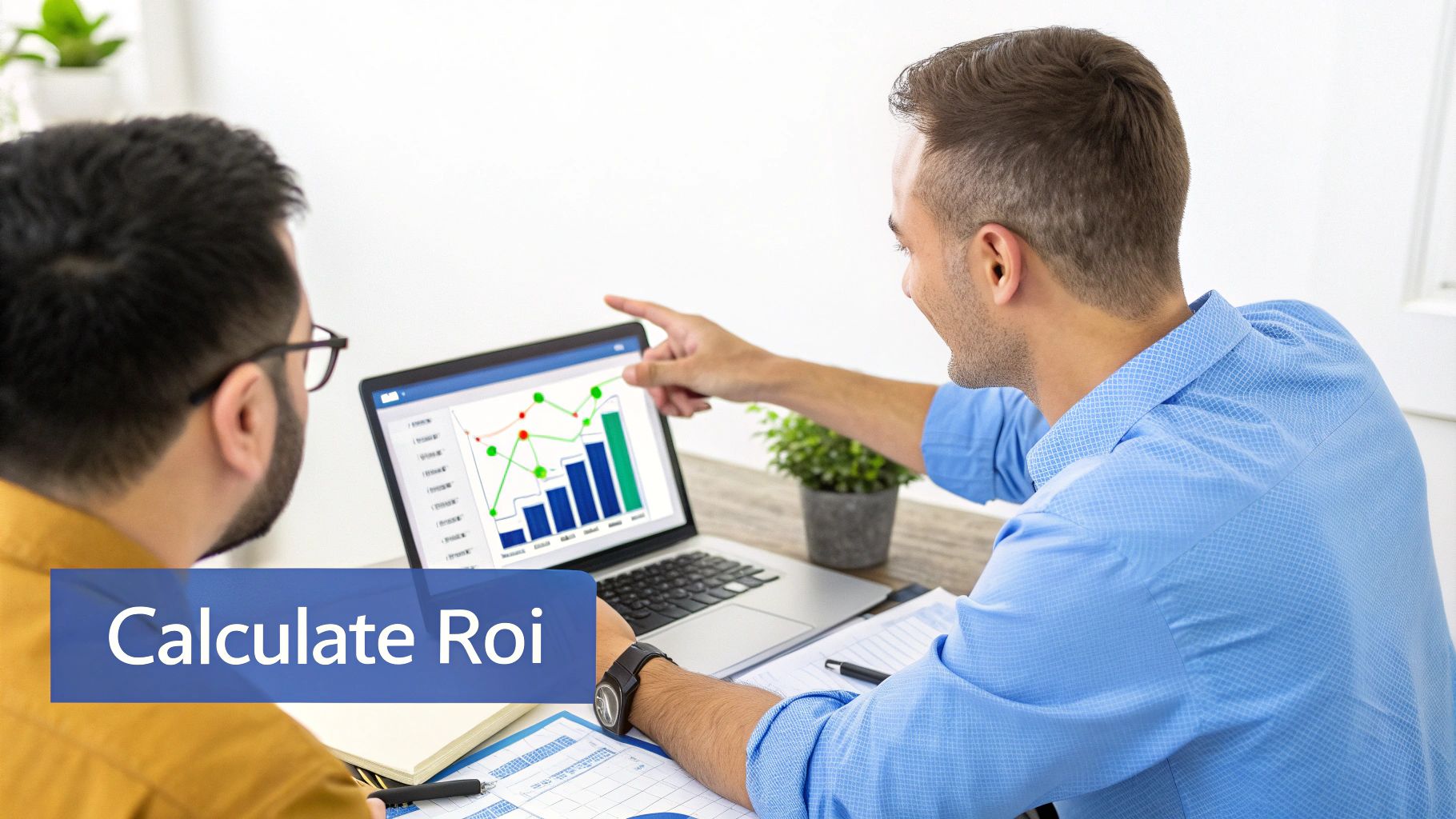 Two men analyzing charts and data on a laptop, pointing at the screen for ROI calculation.