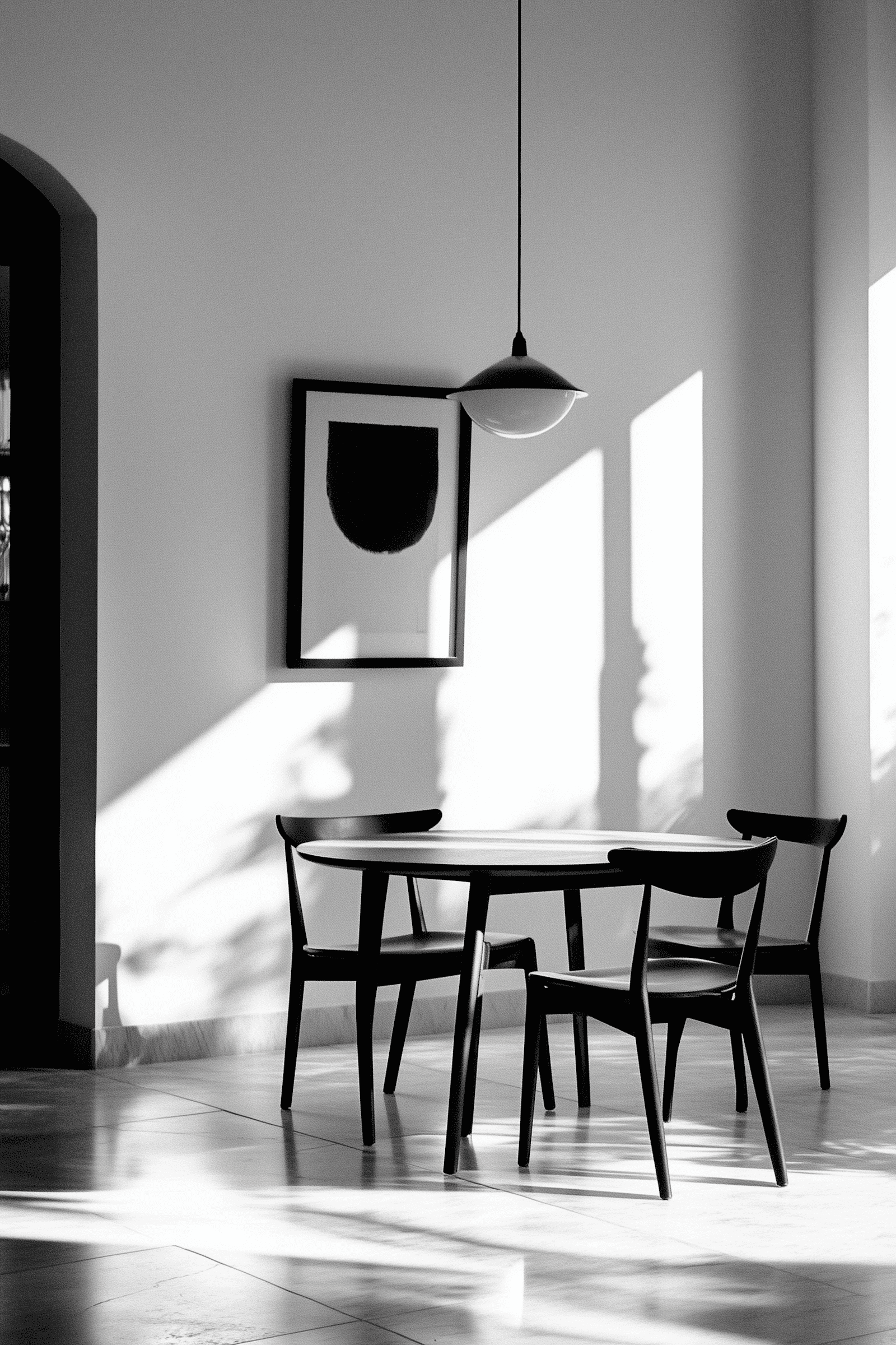 Minimalist white dining area with natural sunlight, round table, black chairs, pendant light, and simple framed artwork