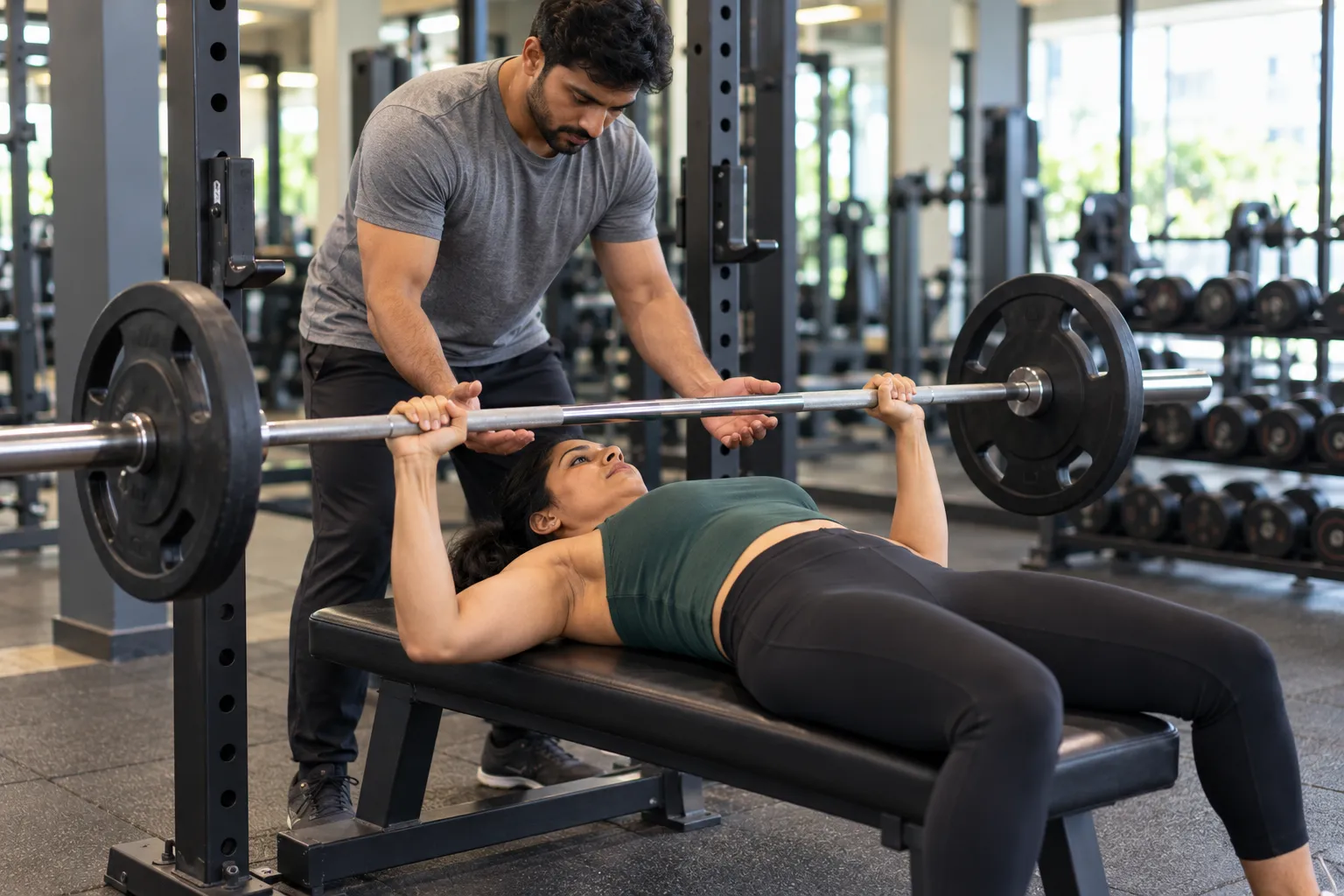 Woman doing a barbell bench press with a spotter guiding the bar in the gym