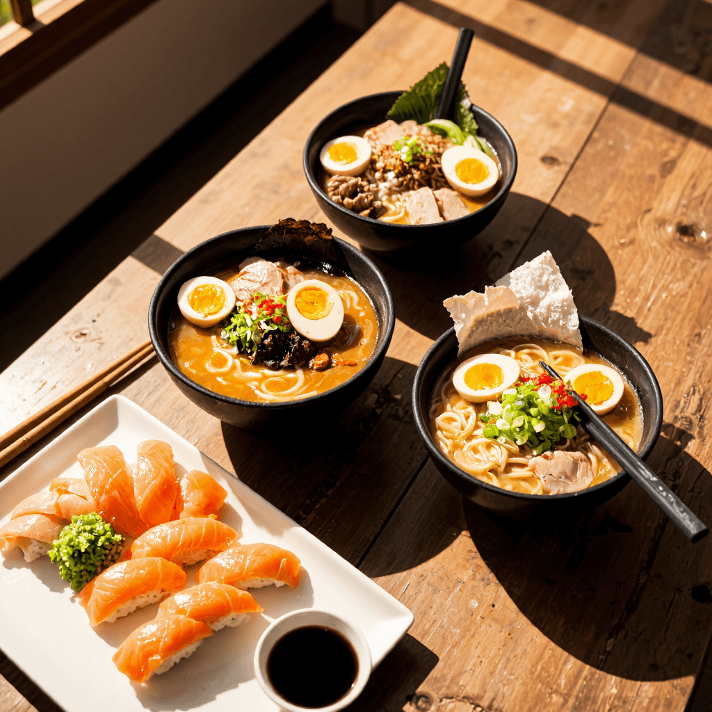 product photography of two bowls of ramen and a platter of sushi