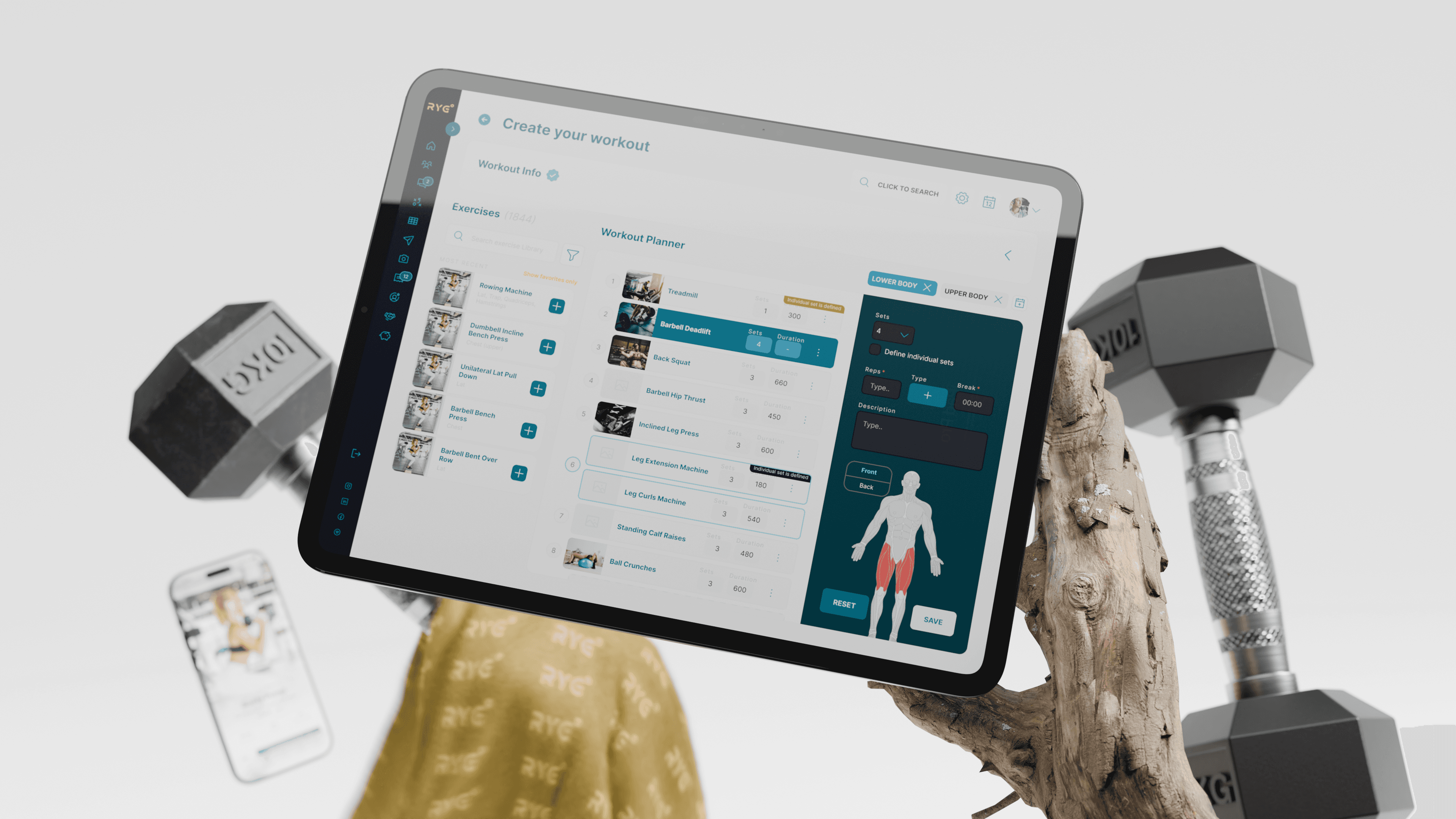A admin screen of a workout editor surounded by fitness equipment