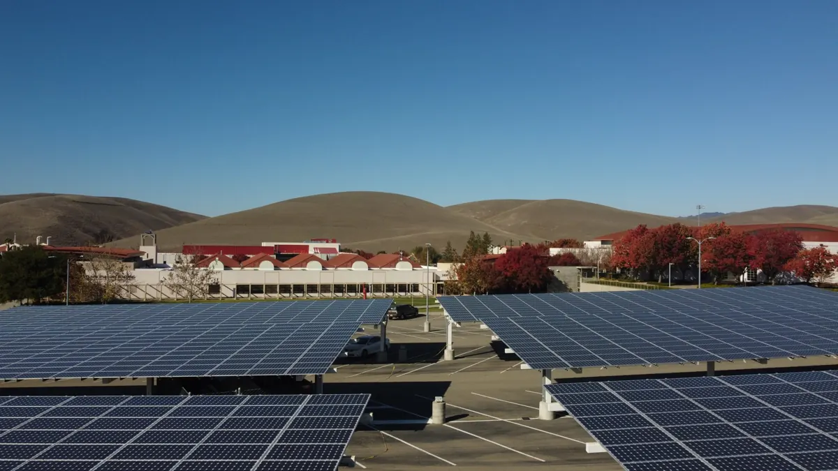 Drone view of solar carports at Las Positas in Livermore, CA