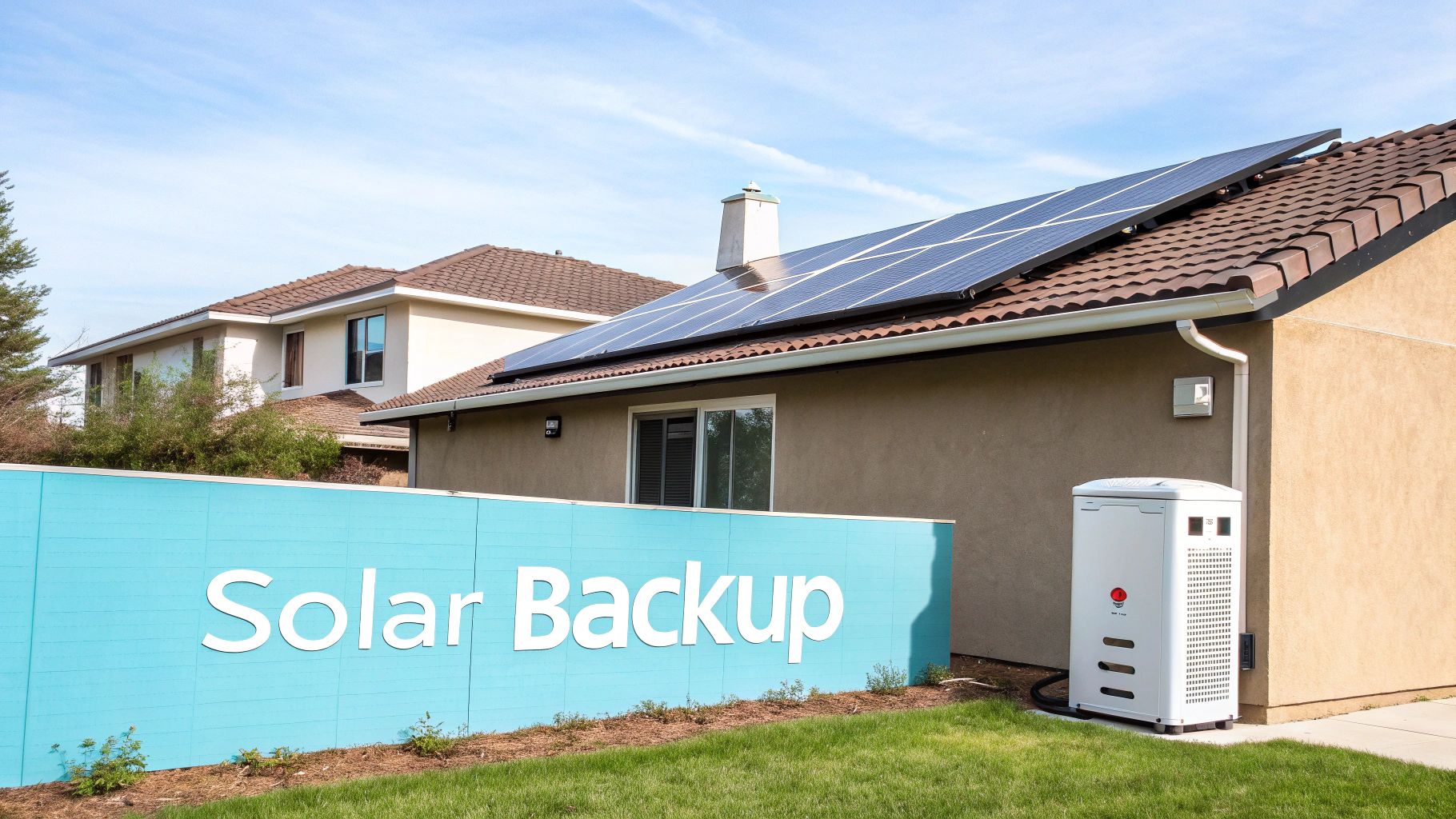 a home with a generator on the side of the home connected to solar panels on the roof