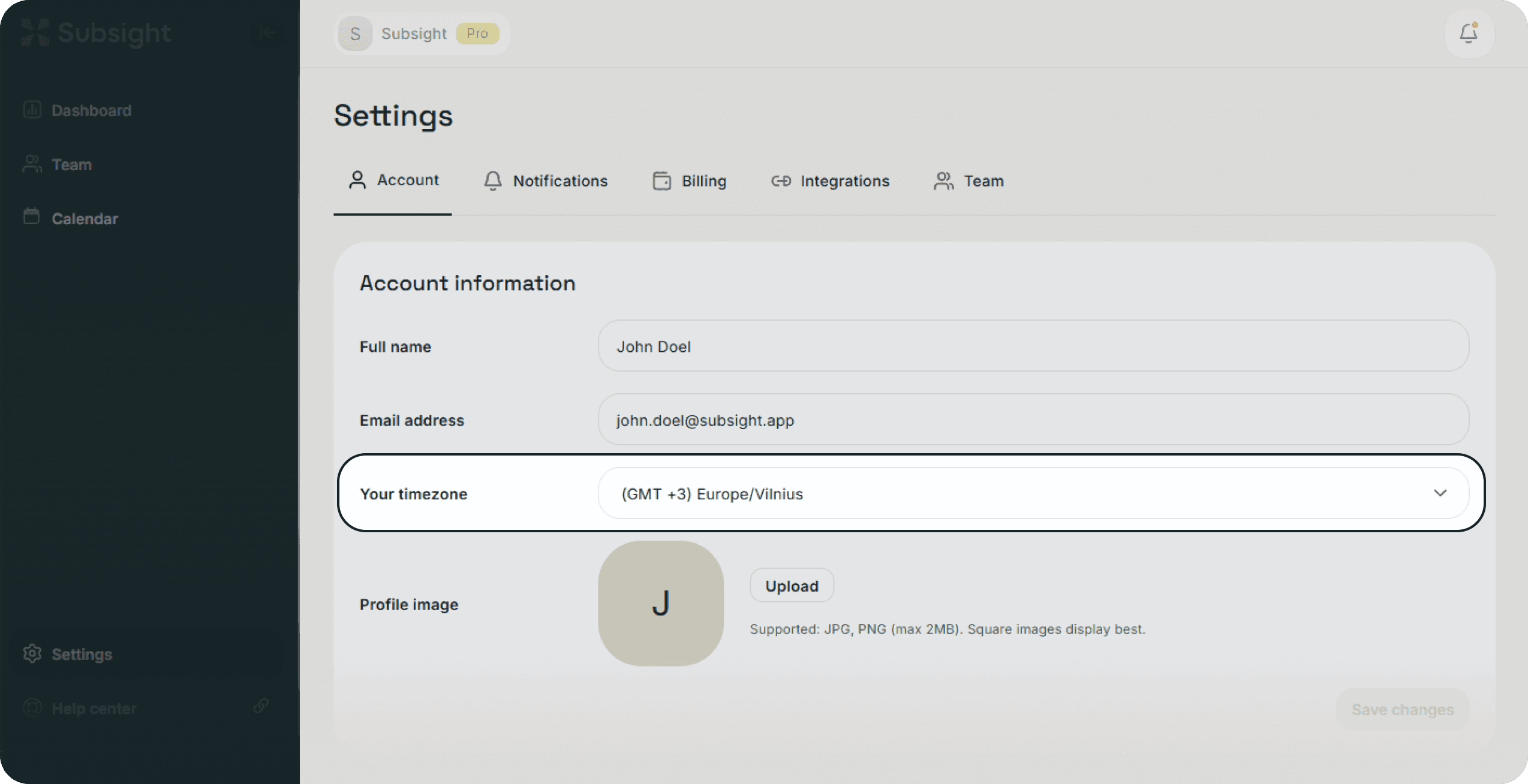 Subsight account settings page with timezone dropdown and searchable region selection.