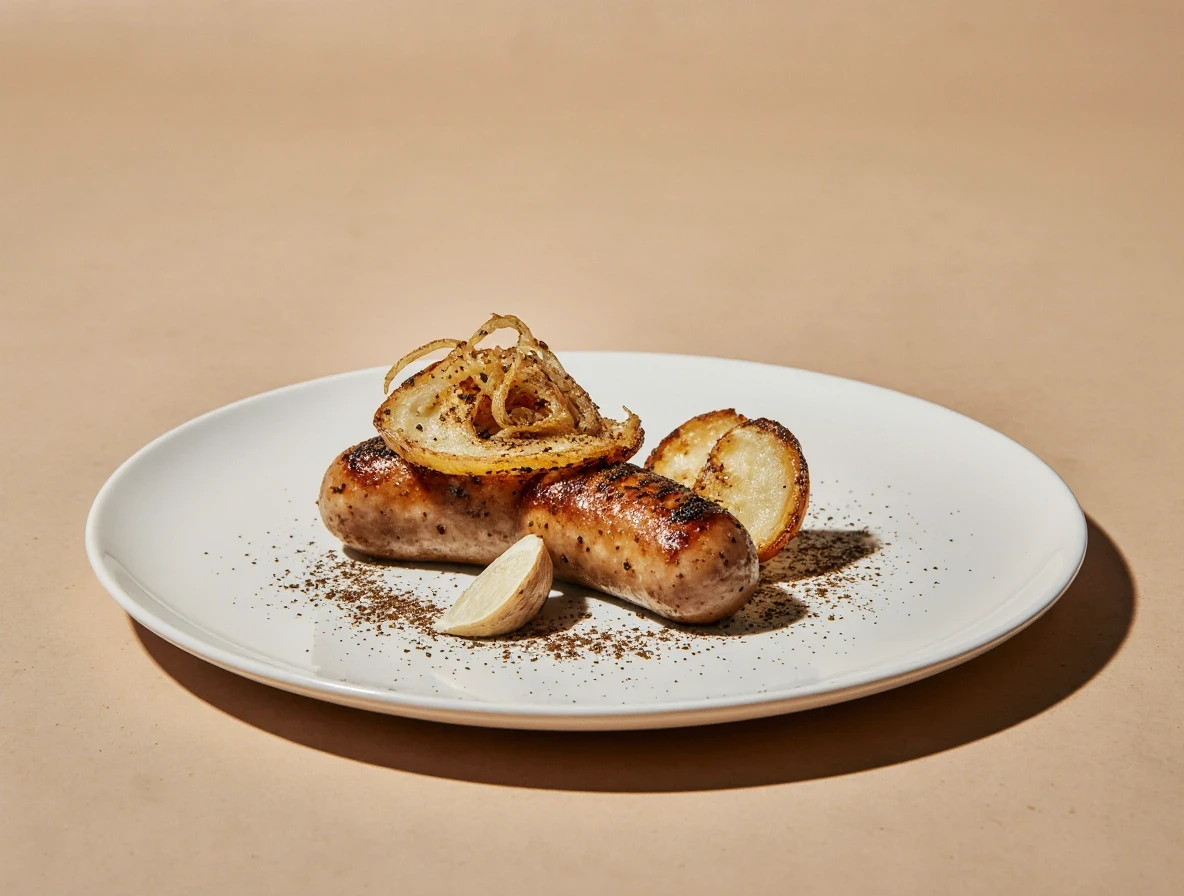 Talerz, kiełbasa, cebula, czosnek.