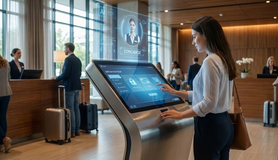 Cliente usa quiosque digital com interface holográfica de concierge no lobby movimentado de um hotel.