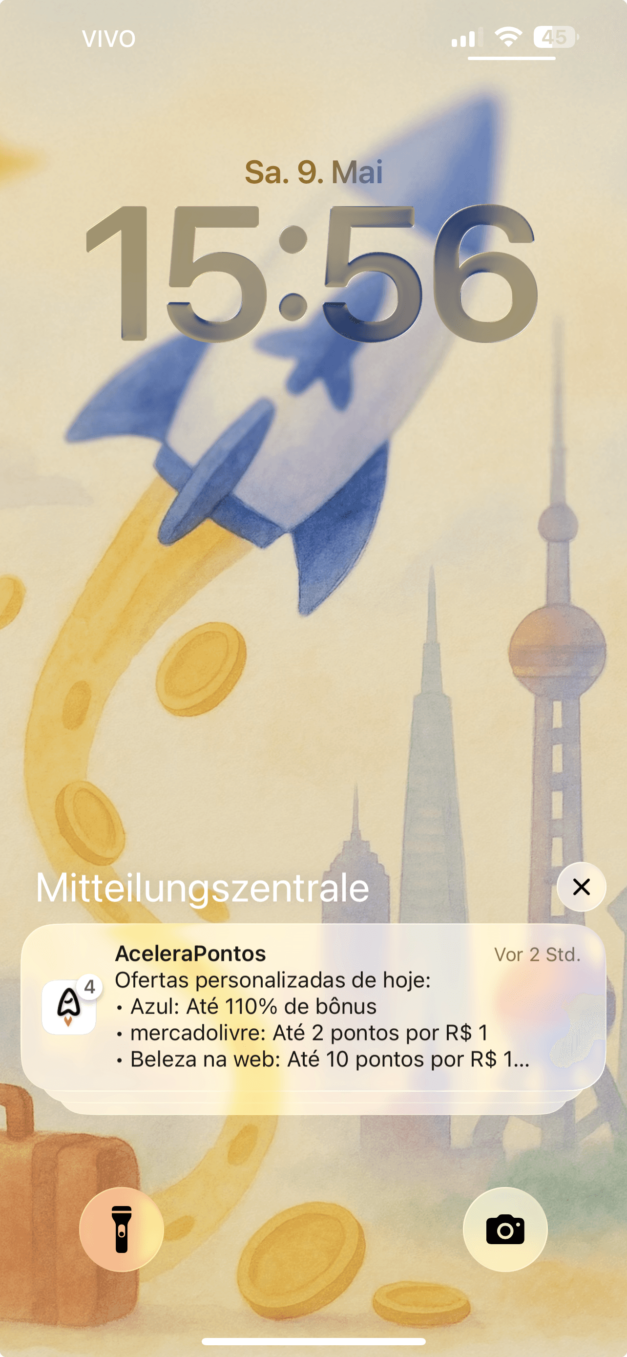 Notificação do AceleraPontos na tela bloqueada mostrando ofertas personalizadas para acumular mais pontos em compras do dia a dia e bônus Azul.