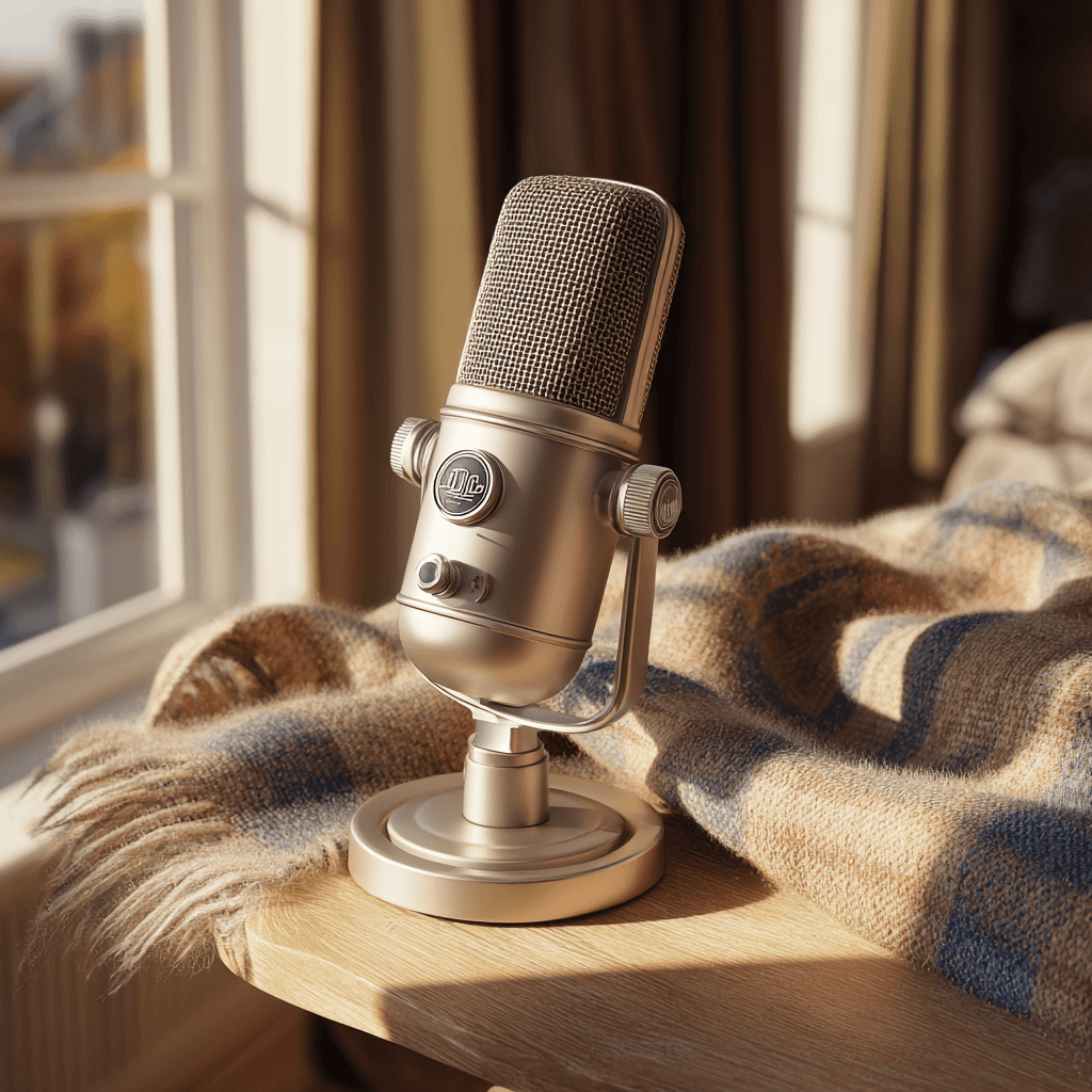 Image of Microphone on stand on a table with fabric, showcasing interior design and construction elements by KHD Homes.