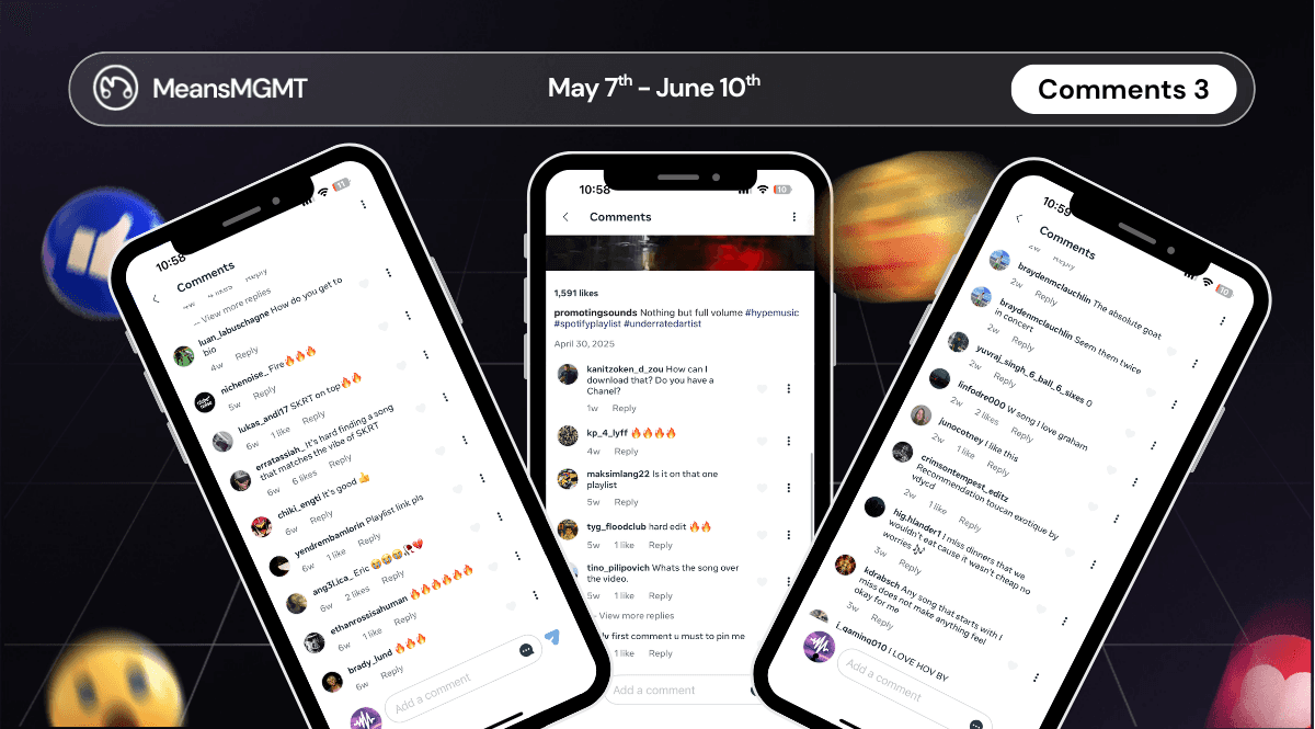 Social proof showing fan comments and reactions to the 'HYPE SONGS' playlist ads managed by MeansMGMT for Promoting Sounds.