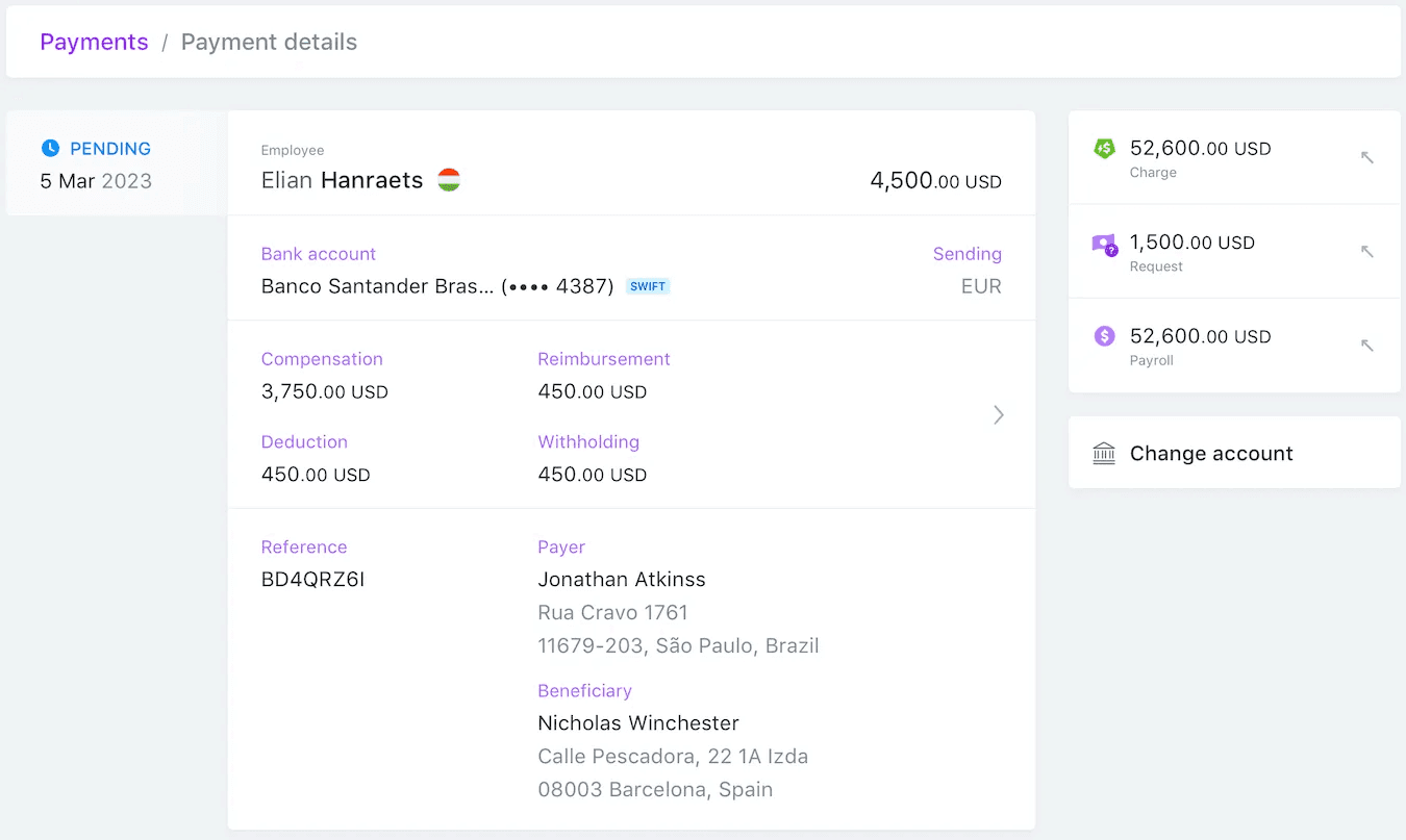 A screenshot of the Payment details page for an employee named Elian Hanraets.