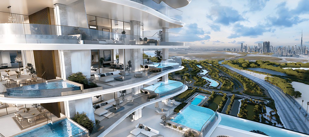 Aerial perspective of the city featuring Mansory Residences, a striking tall building.