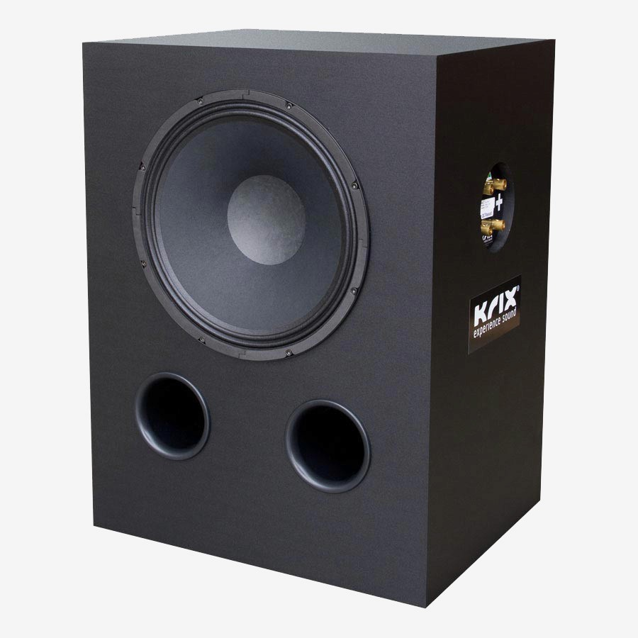 Black subwoofer with a large speaker and two circular ports.
