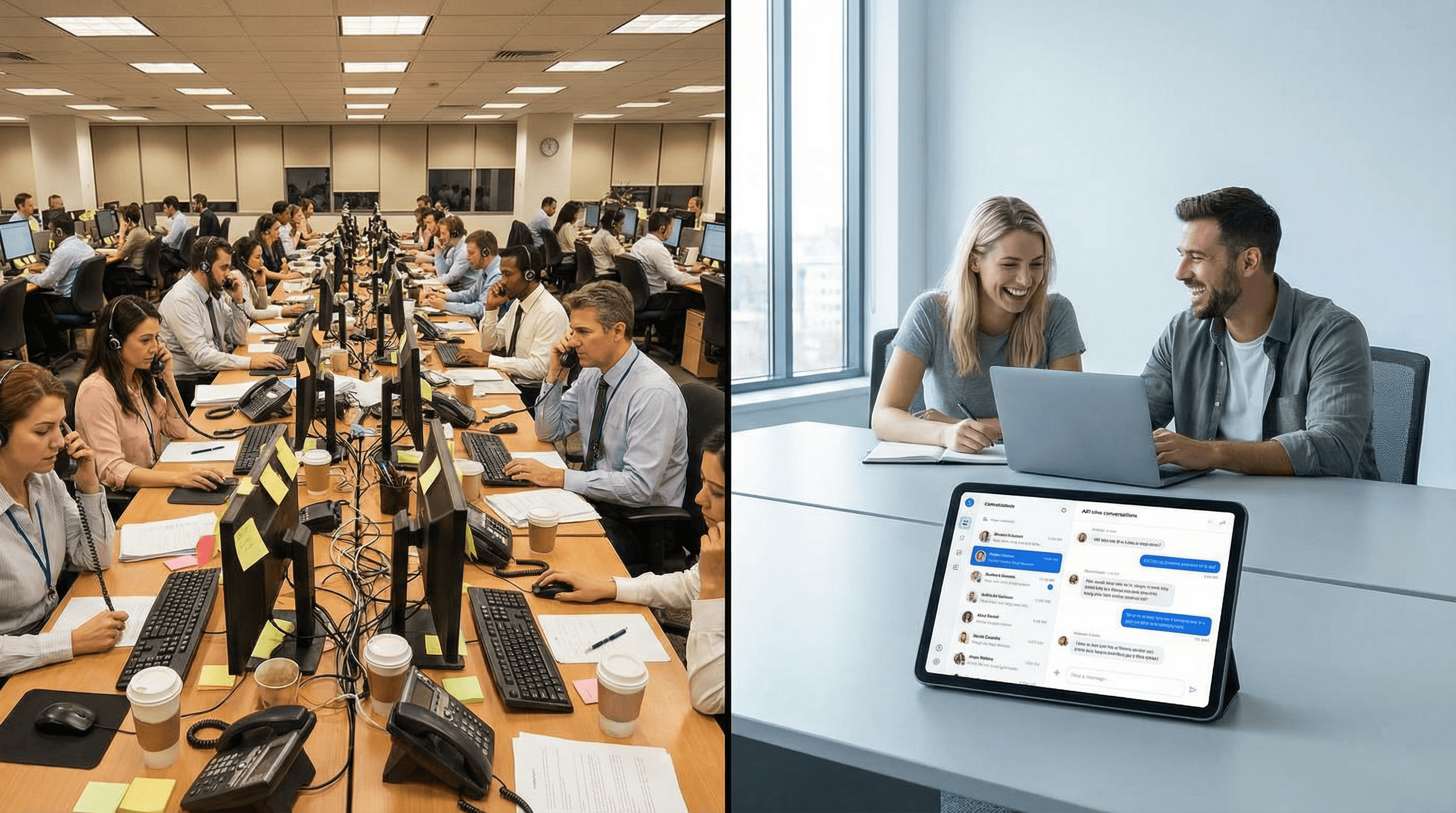Split-screen afbeelding: links een gefrustreerde man die met een oude telefoon aan het oor in de wacht staat in een donkere kamer; rechts dezelfde man ontspannen en glimlachend achter een laptop met AI-chatbot-iconen en digitale interface-elementen, in een lichte moderne omgeving