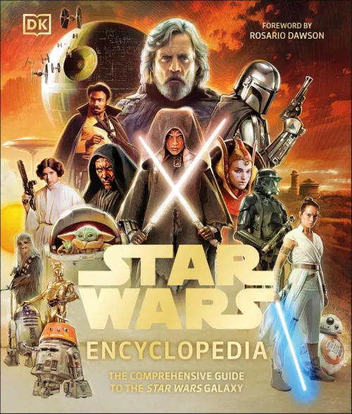 The cover to Star Wars Encyclopedia: The Comprehensive Guide to the Star Wars Galaxy featuring Luke Skywalker, The Mandalorian, Rey, BB-8, and more