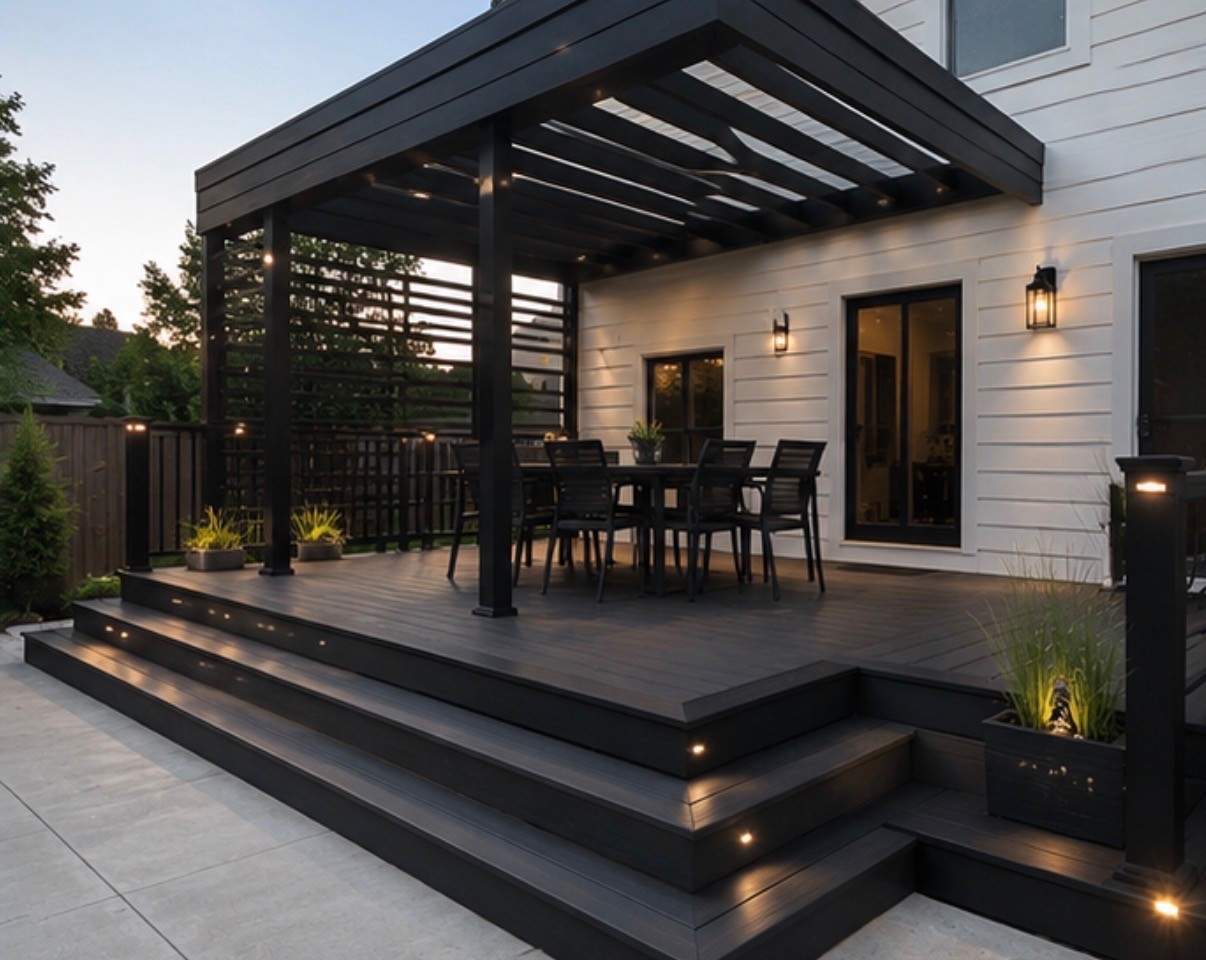 Finished deck with table, railing, and seating area