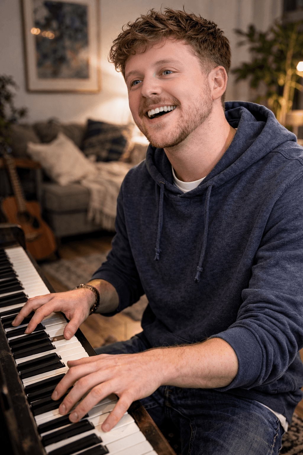 Man sitting at a piano and smiling while engaging with a student during a singing lesson.