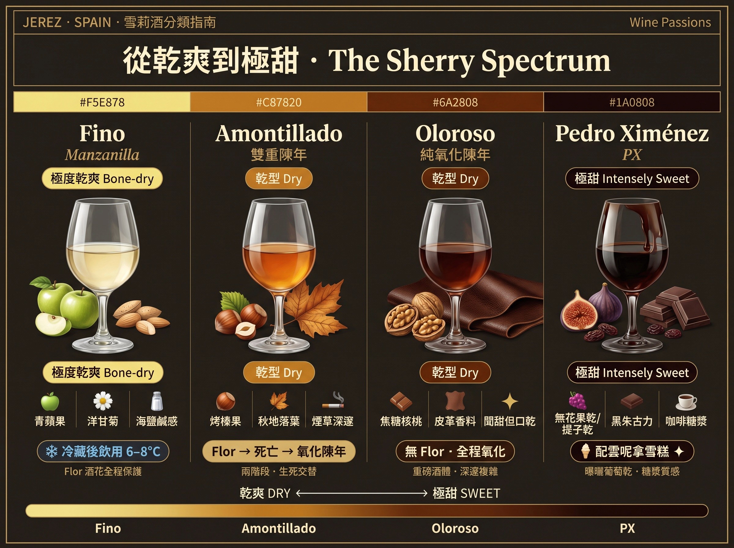 從乾爽到極甜:Fino、Amontillado、Oloroso 到 PX 甜酒的風格與分級指南