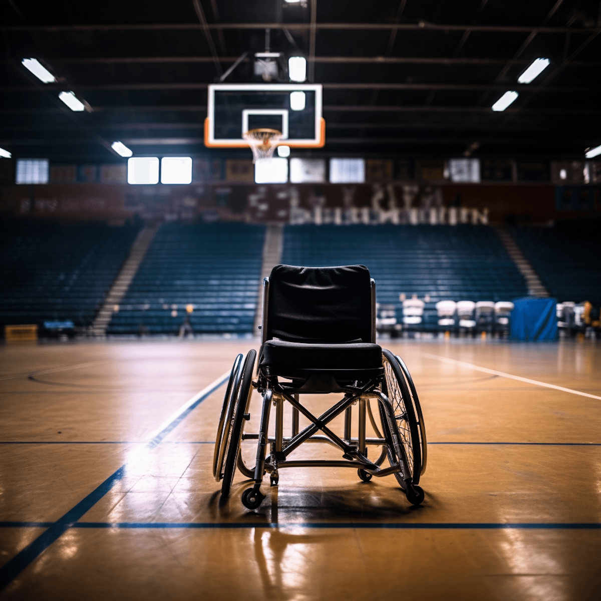 “A wheelchair positioned alone on an indoor basketball court with empty bleachers and a hoop in the background.”