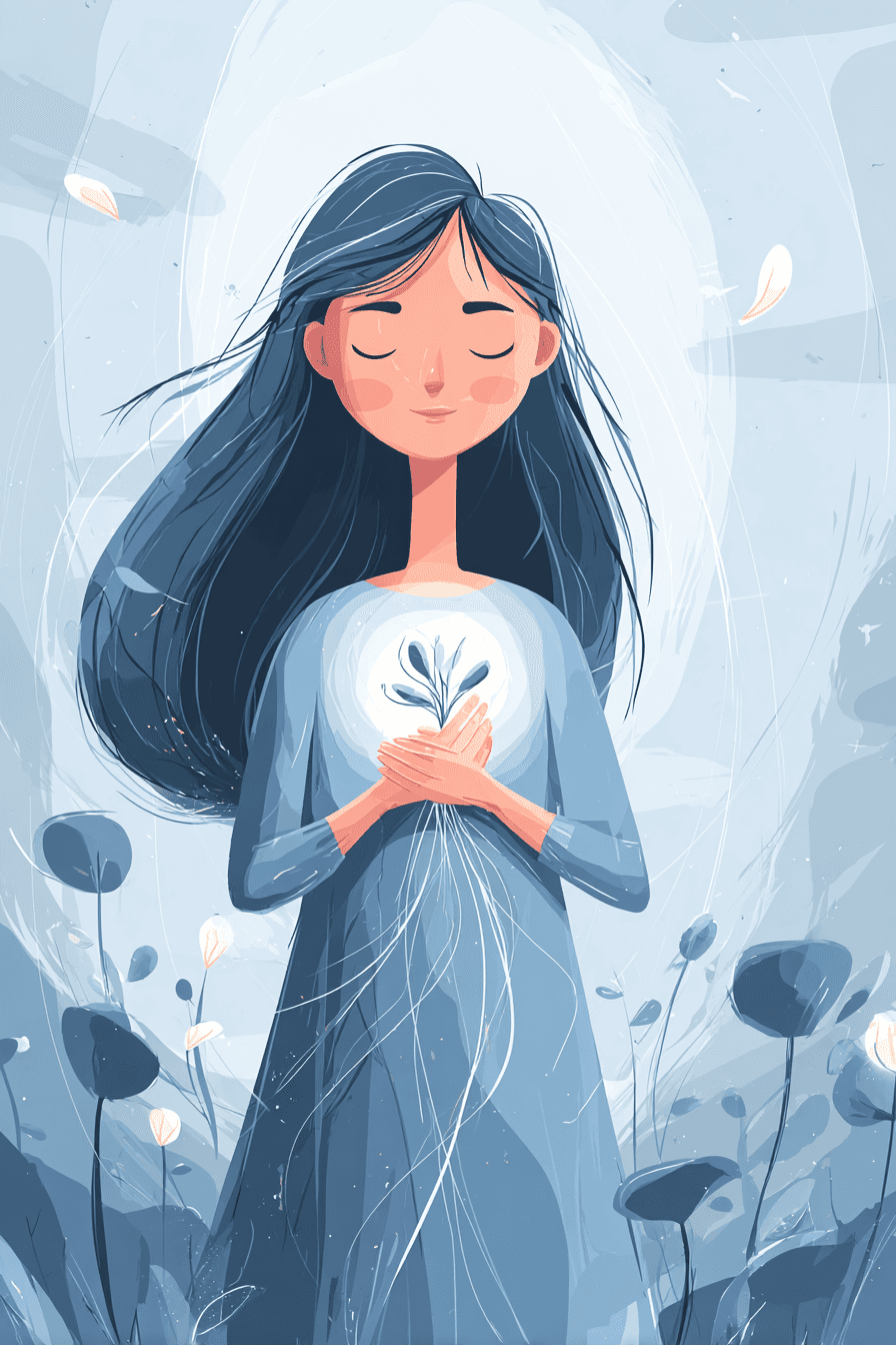 Portrait of a woman with long red hair and closed eyes, gently touching her face with both hands
